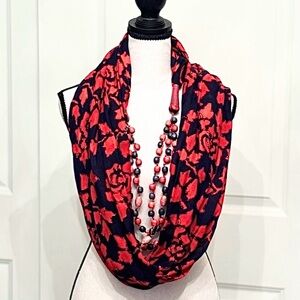 Micky London (Anthropologie) Navy Blue +Red Floral Beaded Draped Scarf